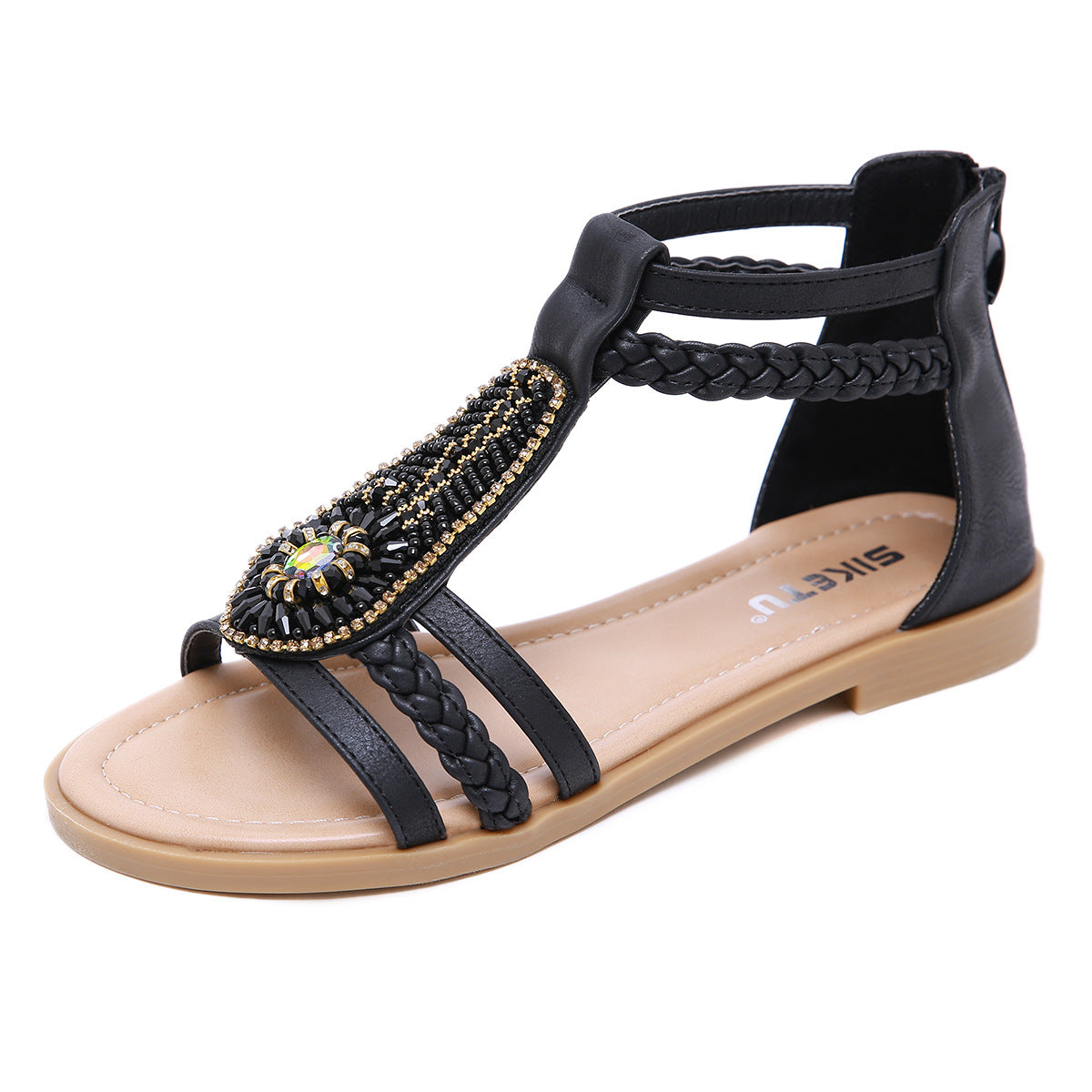 Women's Sandals Bohemia Vintage Beaded Zipper Rhinestone Roman Sandal | Flat Sandals