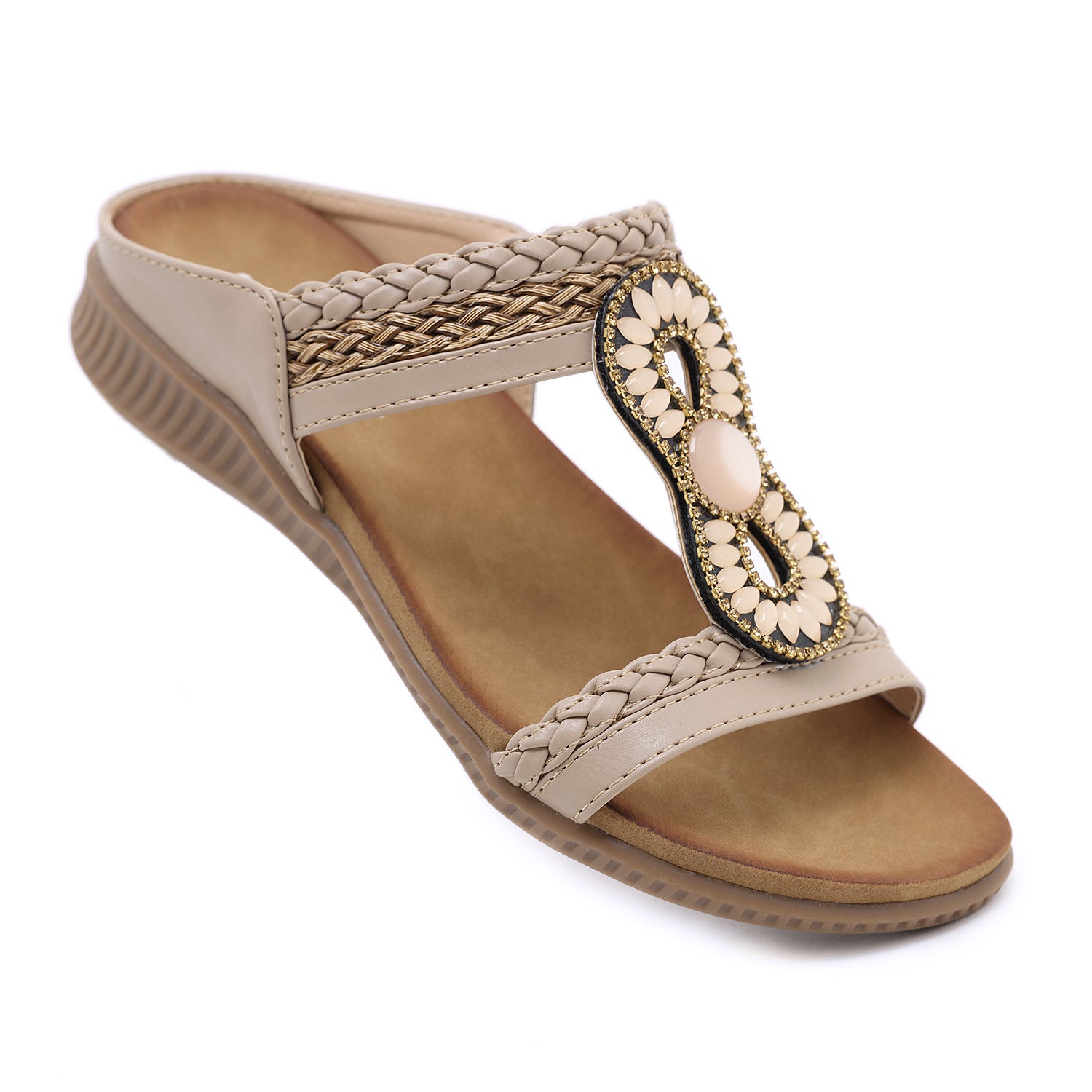 Sandals Bohemian Rhinestone Comfortable round Toe Seaside Holiday Large Size Shoes | Flat Sandals