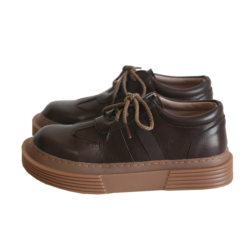 Glossy round head lace-up thick-soled big head shoes versatile small leather shoes single shoes women's autumn