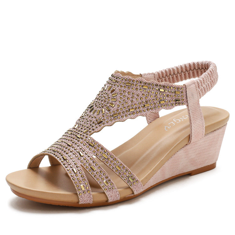 Bohemia Large Size Shoes Women's Shoes Summer Rhinestone Ladies' Shoes Wedge