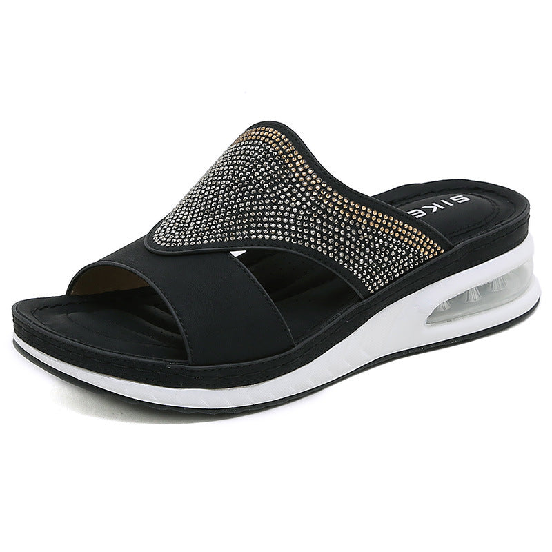 C321-3 Spring and Summer Casual Air Cushion Bottom Large Size Sewing Thread Wedge Comfortable Rhinestone Sandals