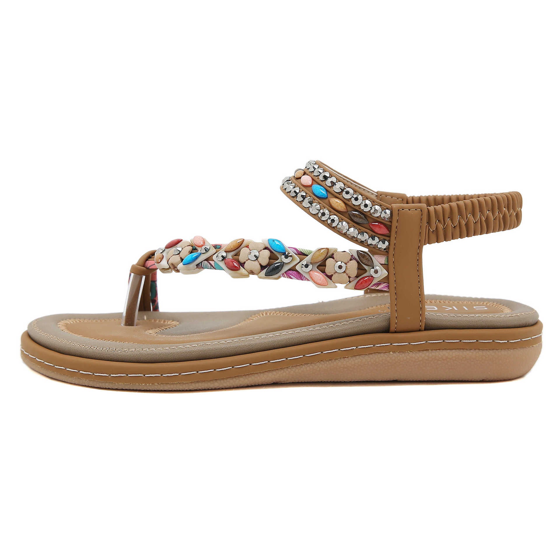W676-3 Sandals Rhinestone Comfort and Casual Seaside Beach round Toe | Flat Sandals