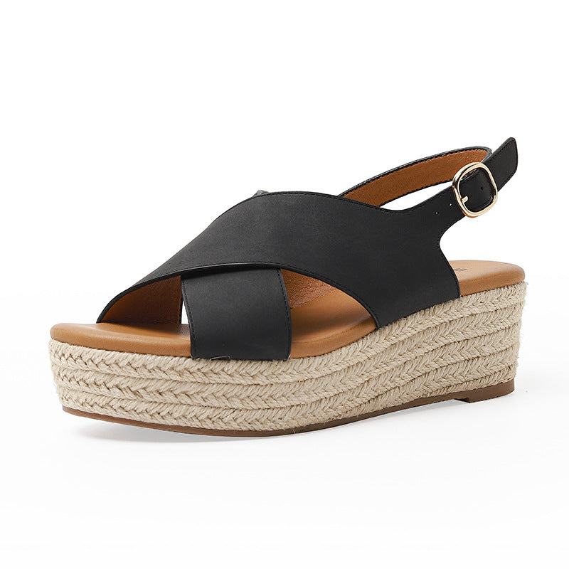 ALM3035-3 Cross-Strap Peep Toe Wedge Woven Hemp Rope Platform Comfortable Muffin Sandals for Women