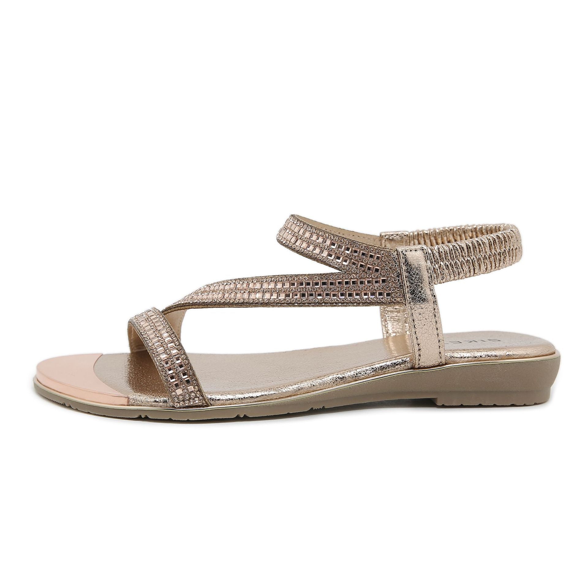BY2006-2 Fashion Comfortable Open Toe Rhinestone Elastic Strap Sandals Women | Flat Sandals