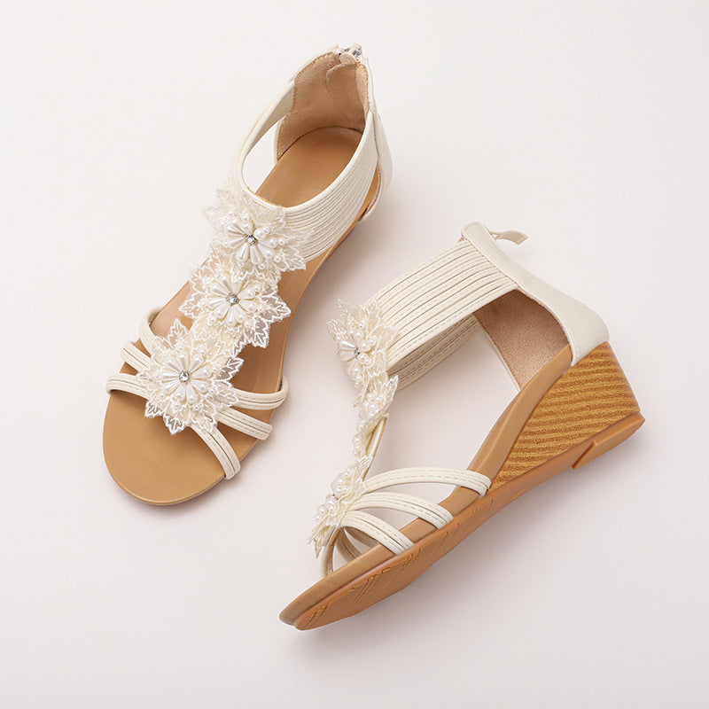 Fashion Retro Handmade Flowers Roman Shoes Bohemian Vacation Wedge Women's Sandals