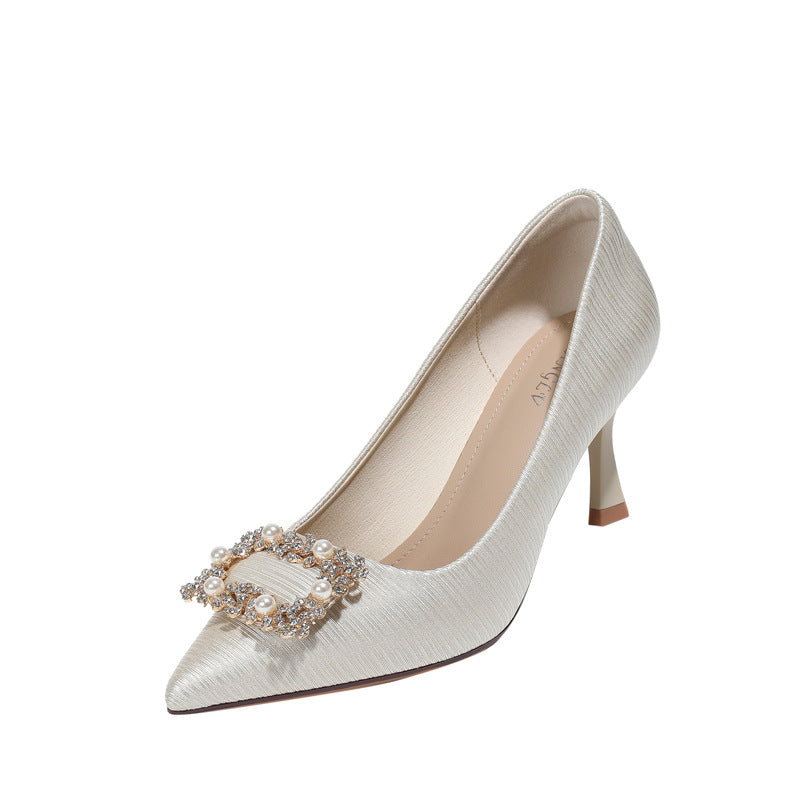 French Style Pointed Toe Rhinestone Heel Shoes Women's Stiletto Heel Fashion Business Pumps Women's
