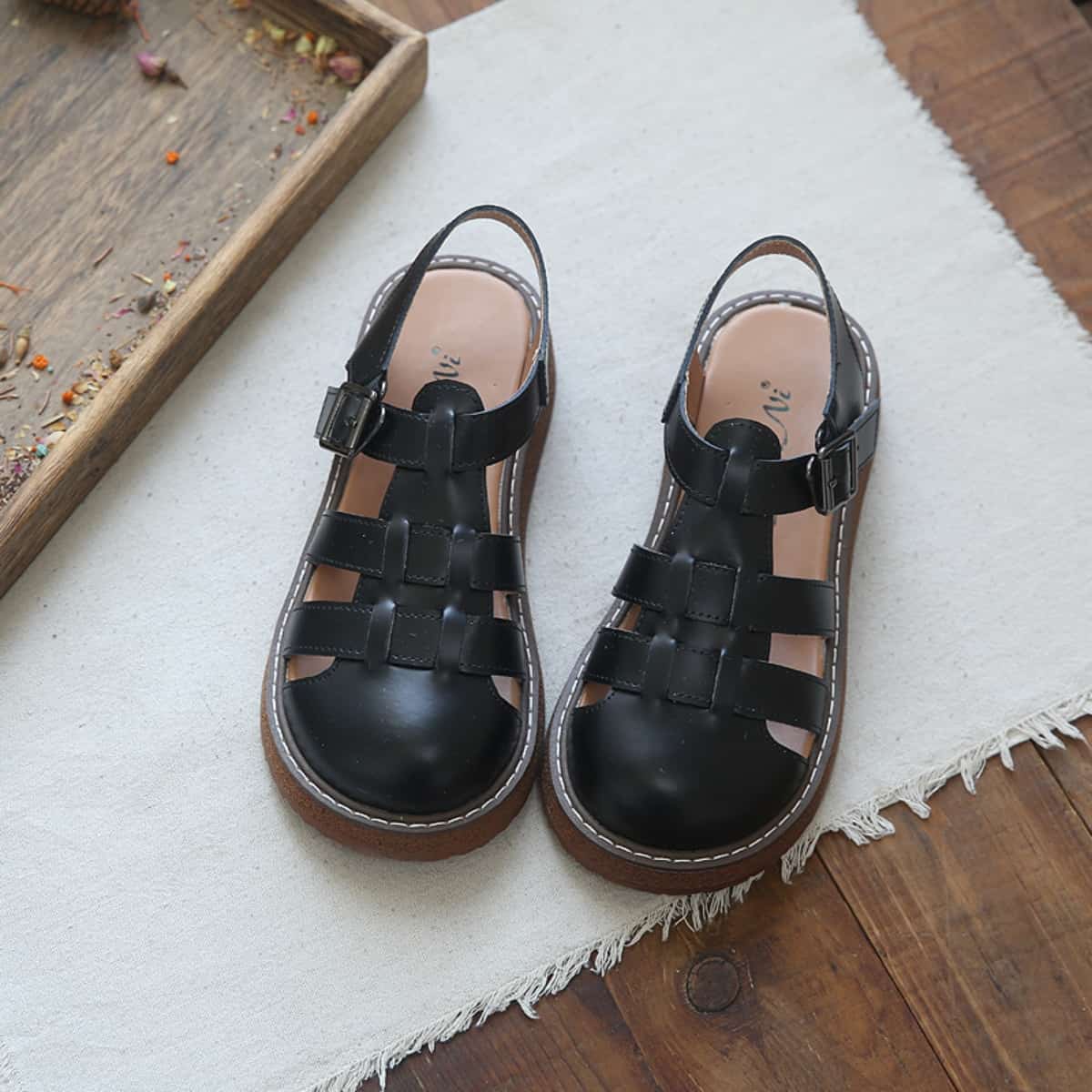 Leather hollow bag head platform big head shoes summer middle heel Roman sandals