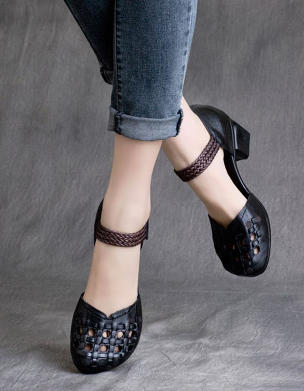 Spring Retro Leather Handmade Woven Chunky Sandals