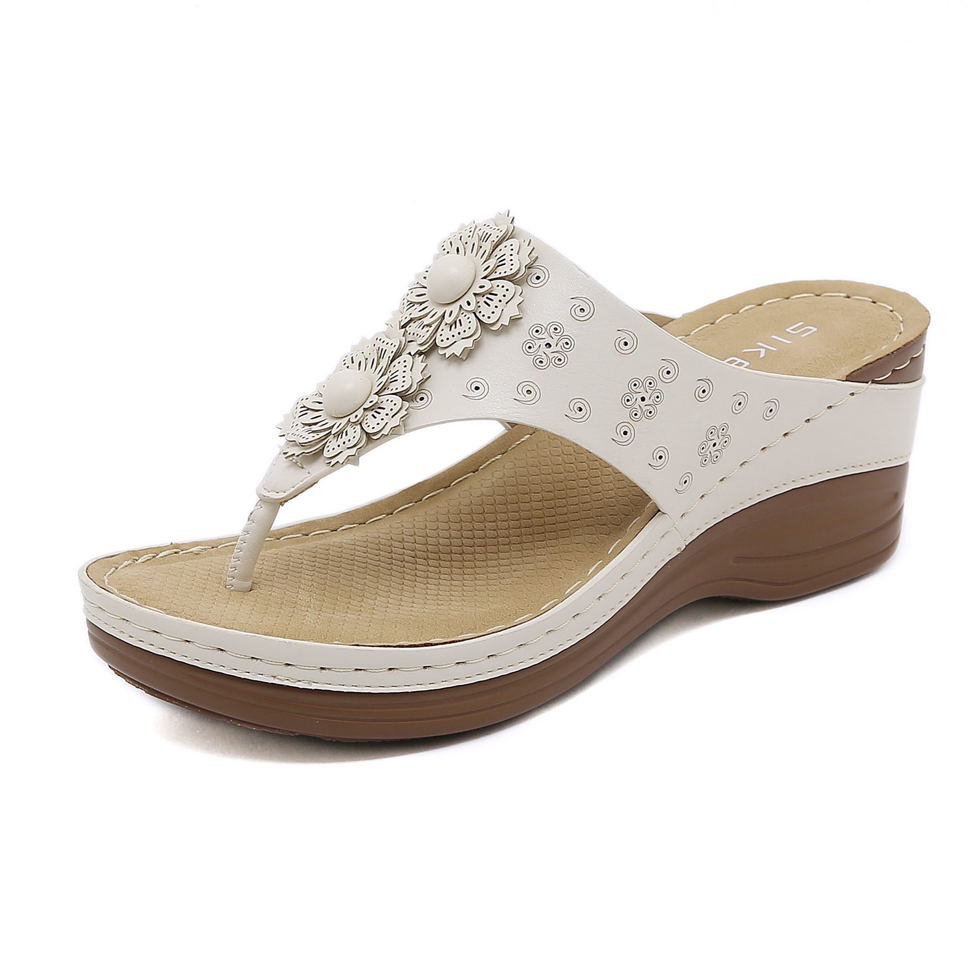 Non-Slip Bottom Women's Shoes Stitching Wedge Ethnic Flower Large Size Slippers Women