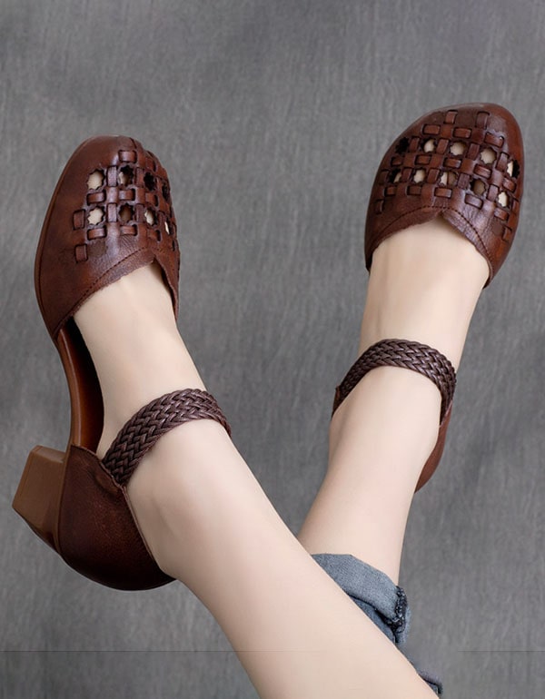 Spring Retro Leather Handmade Woven Chunky Sandals