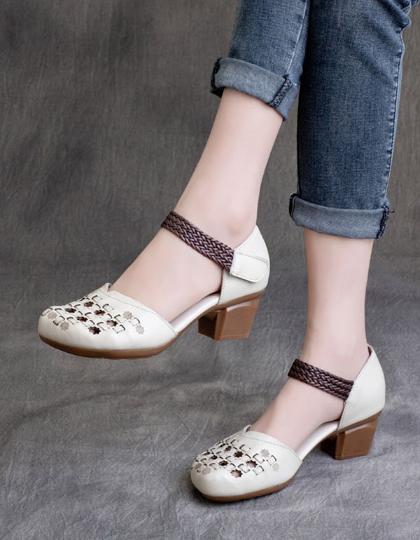 Spring Retro Leather Handmade Woven Chunky Sandals