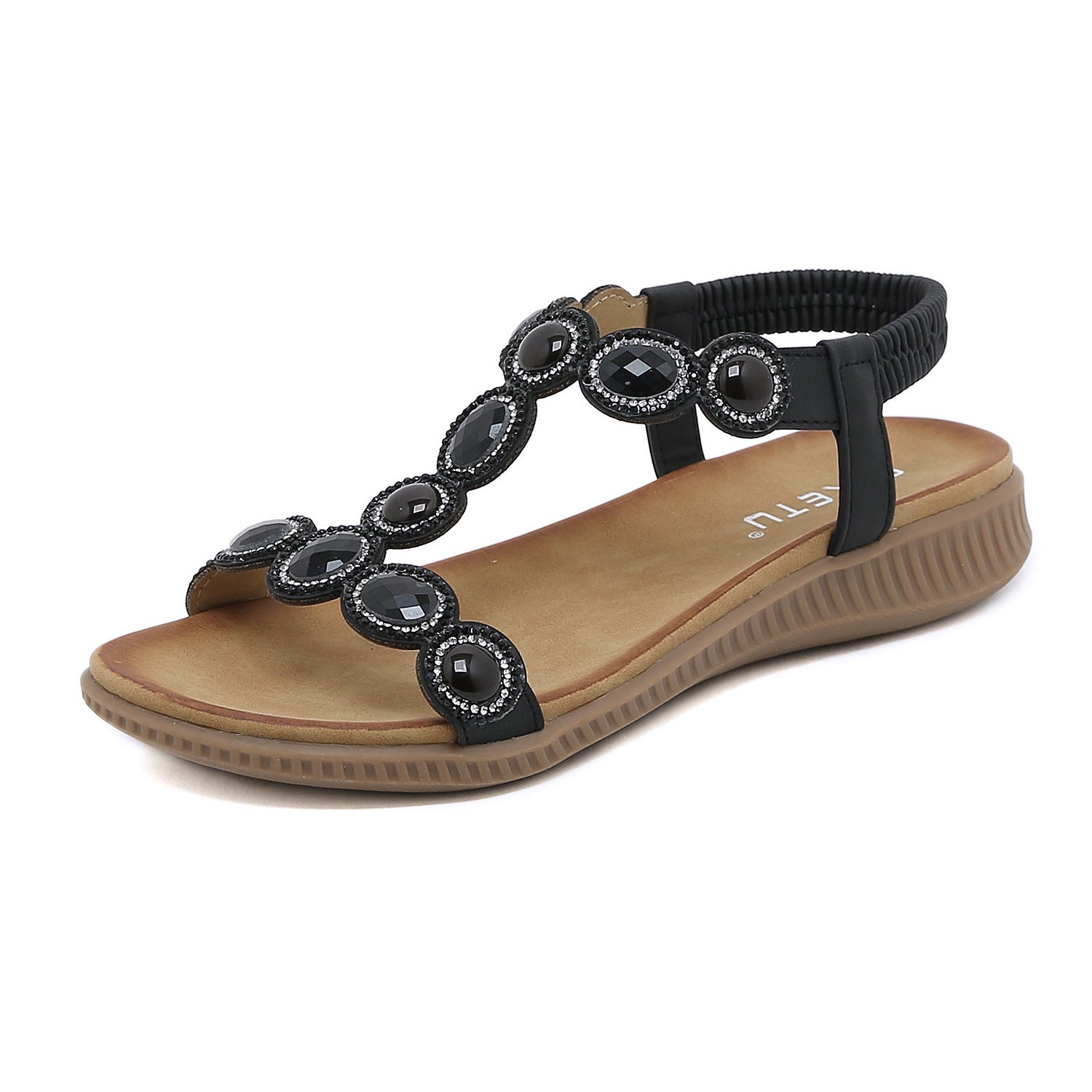 Sandals Bohemian Rhinestone Comfortable round Toe Seaside Holiday Large Size Shoes | Flat Sandals