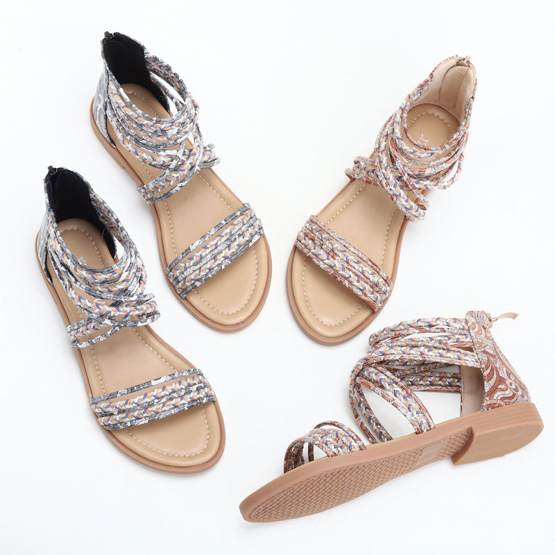 Women's Sandals Flat Roman Cross Strap Bohemian Beach Shoes Women's Seaside Vacation