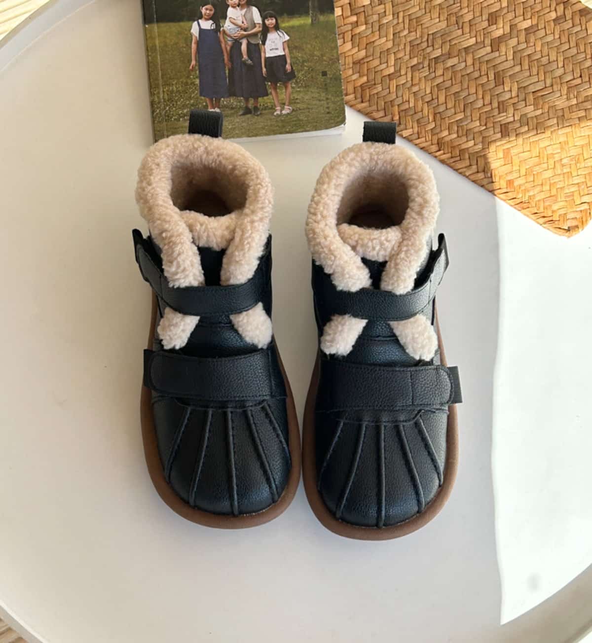 Imitation lamb wool round head flat-bottomed short boots winter beige cute soft-soled snow boots