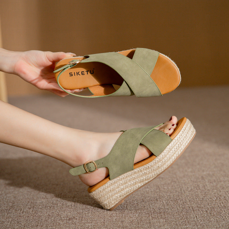 ALM3035-3 Cross-Strap Peep Toe Wedge Woven Hemp Rope Platform Comfortable Muffin Sandals for Women