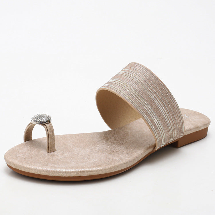 Flat Sandals Women's Comfortable Soft Bottom Rhinestone Slippers Outer Wear Fashion Lazybones Beach Slippers plus Size