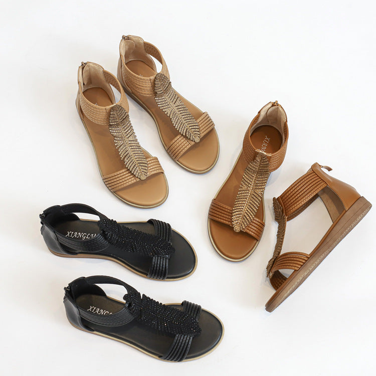 Bohemian Roman Sandals Women's Flat Bottom Comfort Soft Bottom Mid Heel plus Size 40-42 Women's Shoes