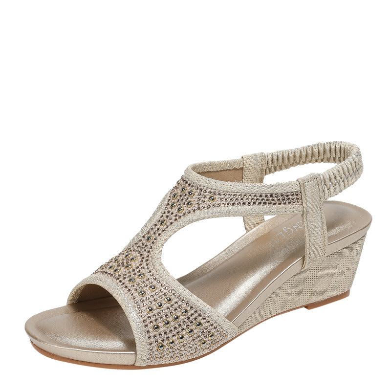 Roman Fashion Women's Sandals Mid Heel Elastic Rhinestone Wedge Sandals