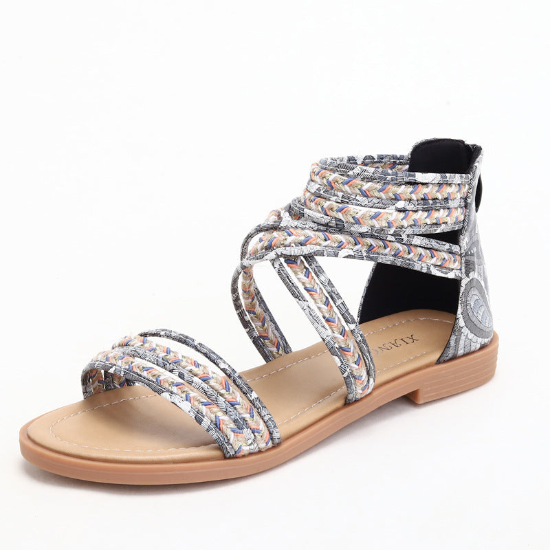 Women's Sandals Flat Roman Cross Strap Bohemian Beach Shoes Women's Seaside Vacation