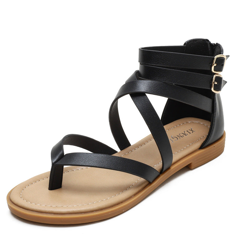 Roman Thin Strap Crossing Sandals Women's Flat Summer Simple Low Heel Retro Women's Shoes