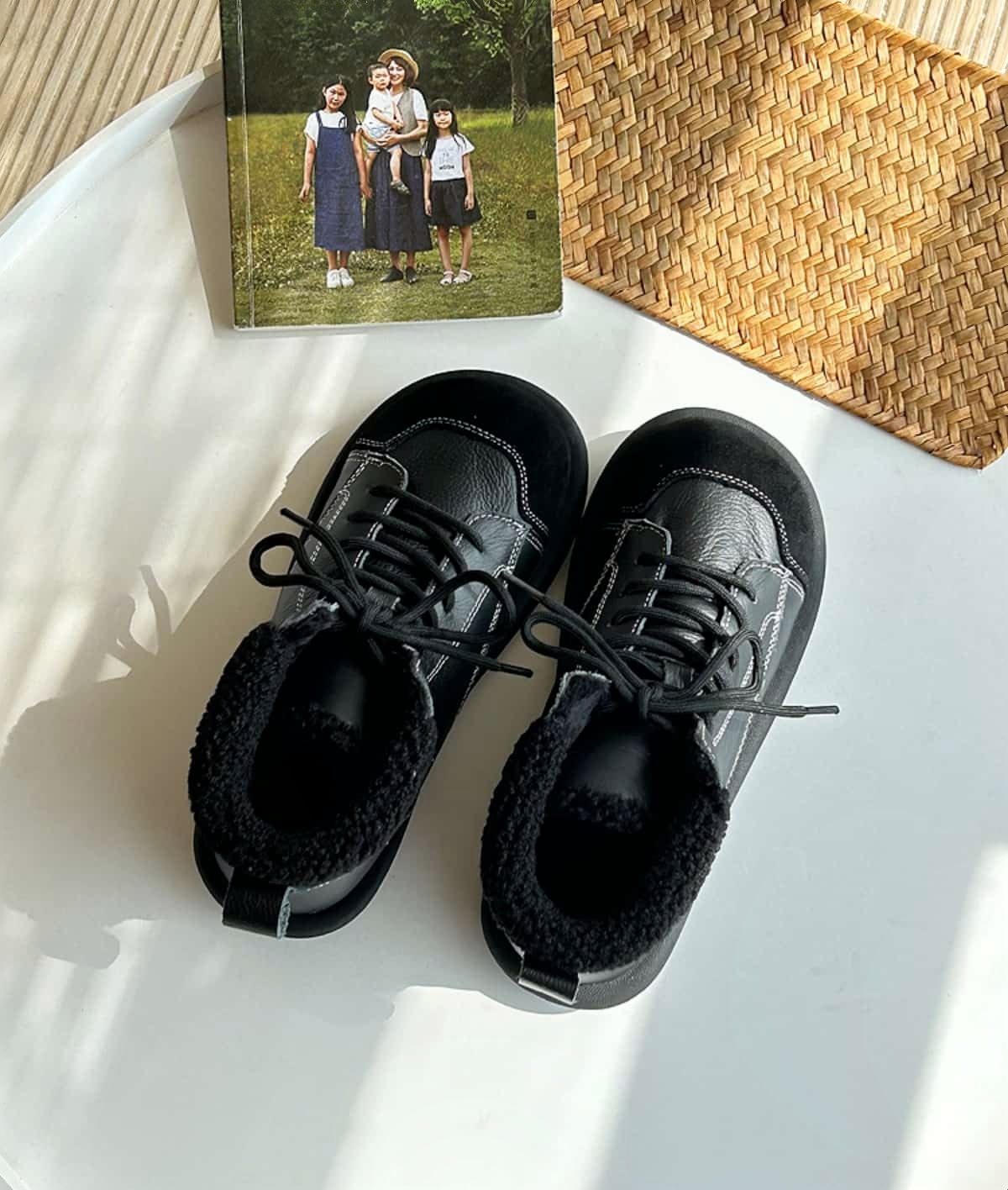 Leather Round Head Strap-Up Flat Bottom Martin Boots Winter Imitation Lamb Fleece Comfortable Warm Boots