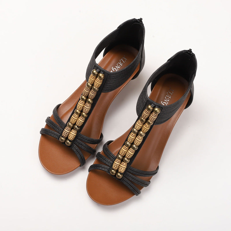 Retro Wedge Sandals Women's Bohemian Holiday Back Zipper Open-Toed Roman Sandals