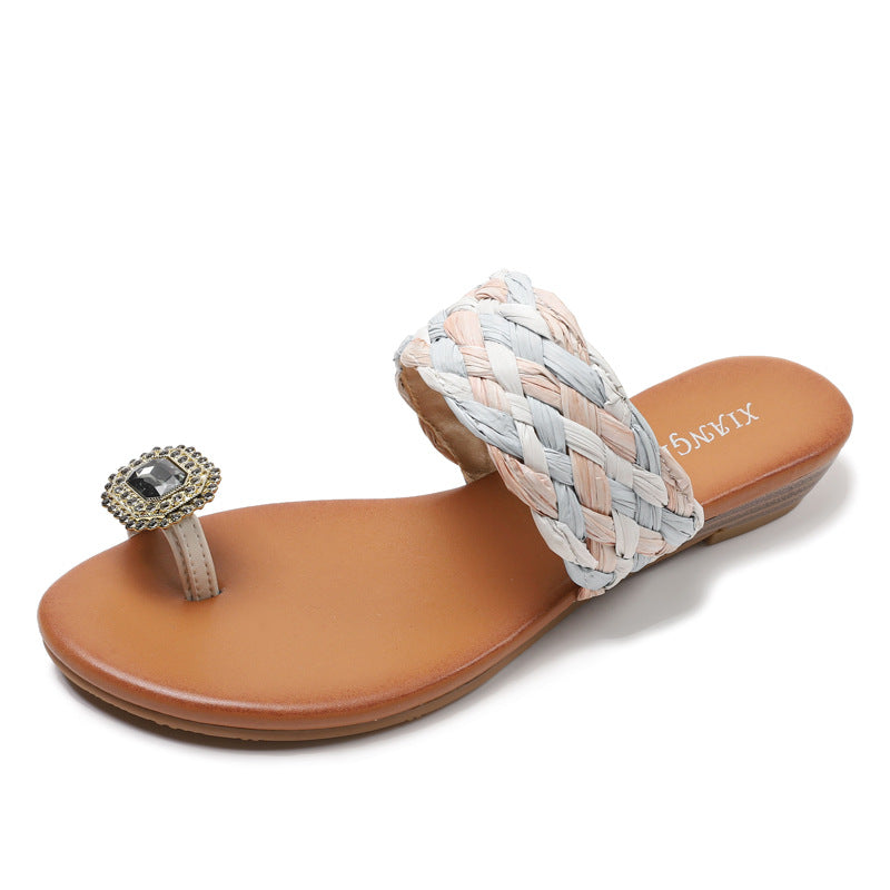Toe outside Wedge Slippers Woven Bohemian Rhinestone Vacation Beach Shoes