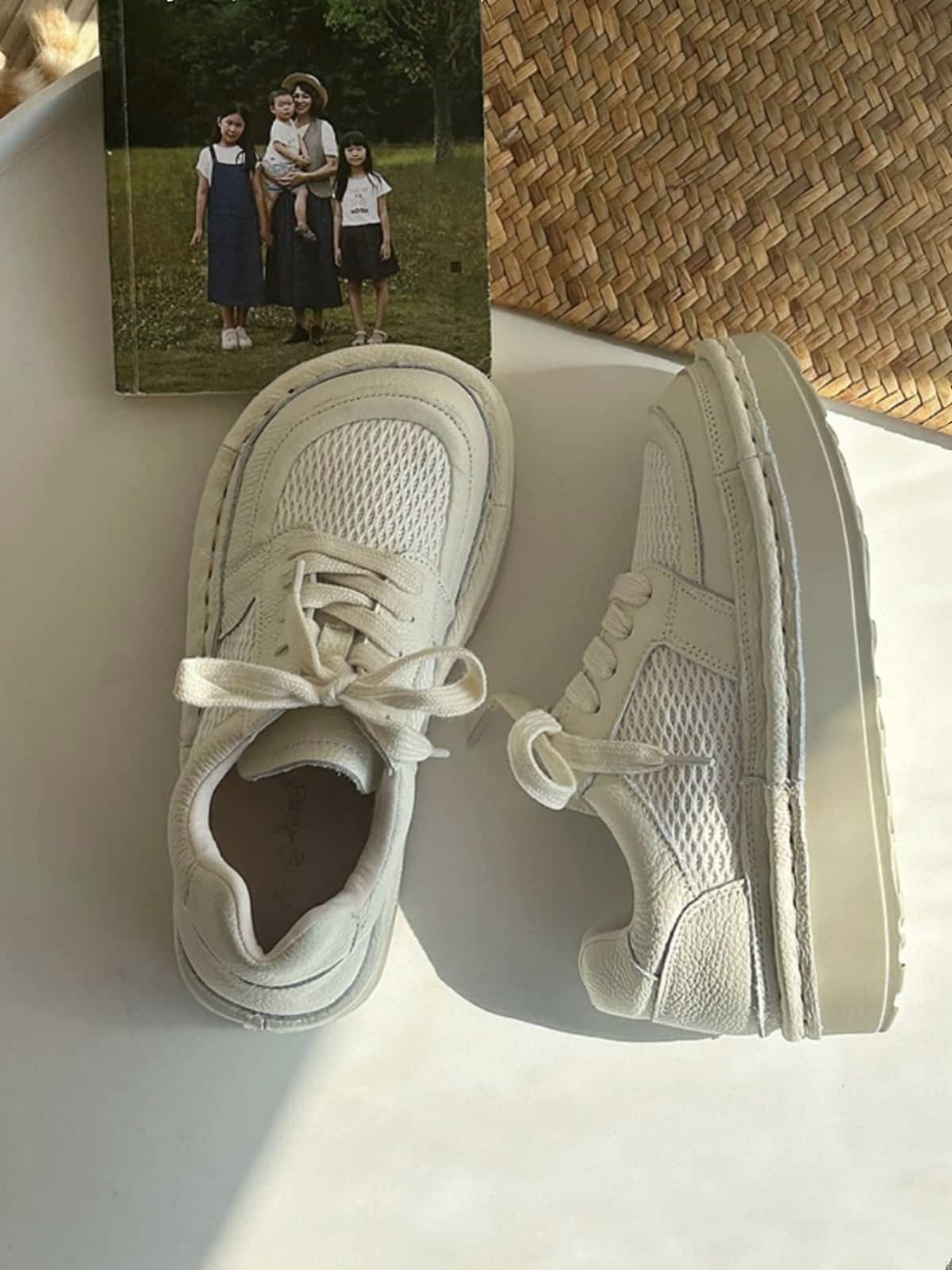 Leather round head lace-up shoes summer breathable mesh shoes handmade cowhide thick-soled big head shoes