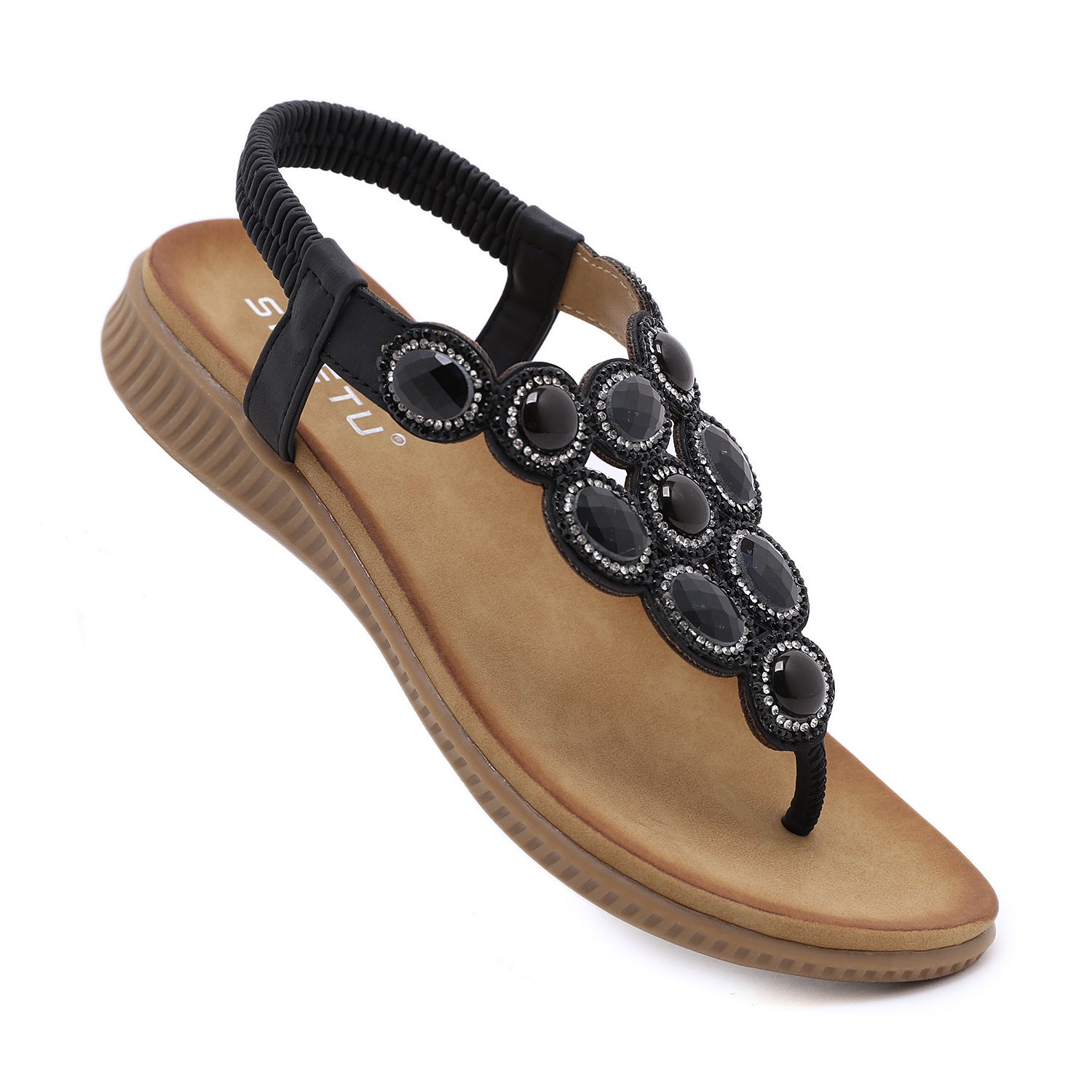 Sandals Bohemian Rhinestone Comfortable round Toe Seaside Holiday Large Size Shoes | Flat Sandals