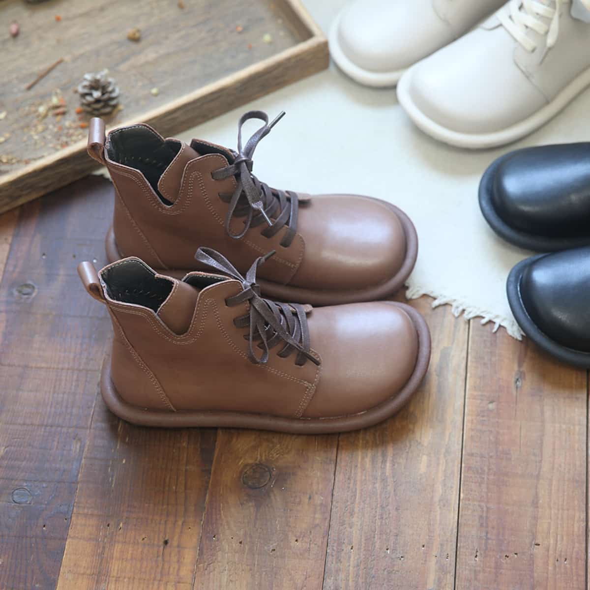 Big Head Martin Boots Women's Leather Round Head Lace-Up Short Boots Comfortable Soft Sole Boots