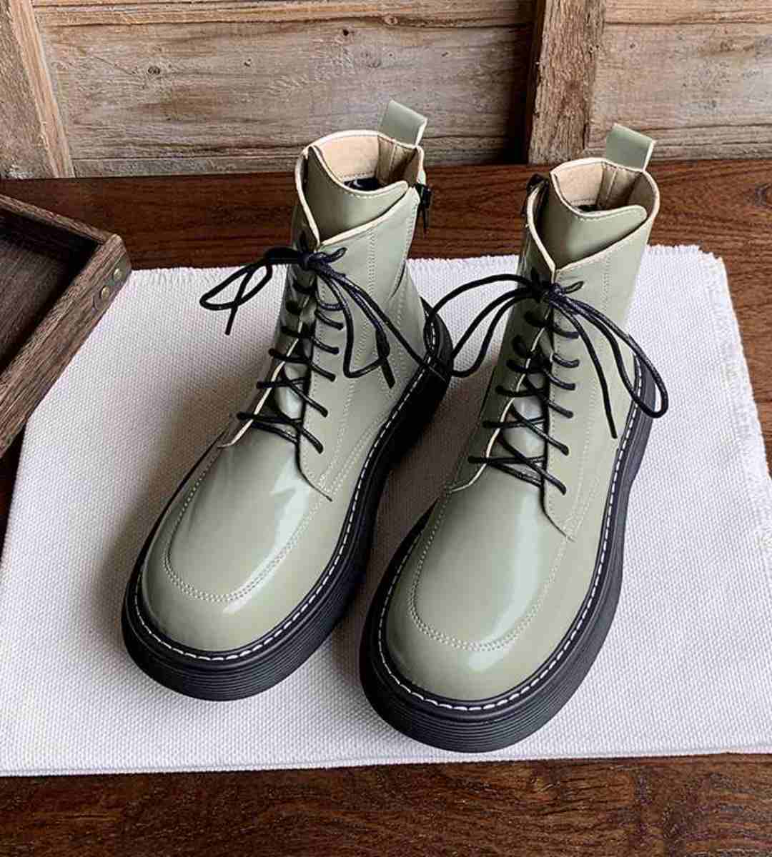 Winter Platform Martin Boots Fleece Avocado Green Stylish
