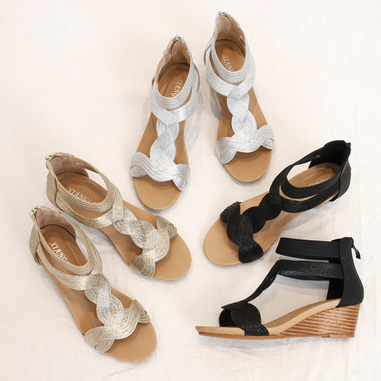 Wedge Sandals plus Size Skinny Women's Shoes Back Zipper Roman Shoes