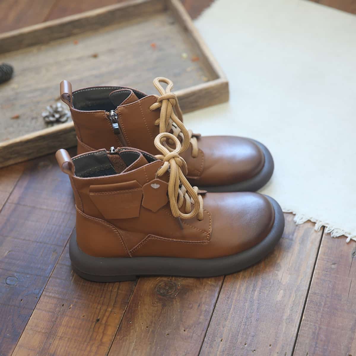 Leather round head lace-up flat Martin boots autumn and winter handsome locomotive boots low-heeled short boots