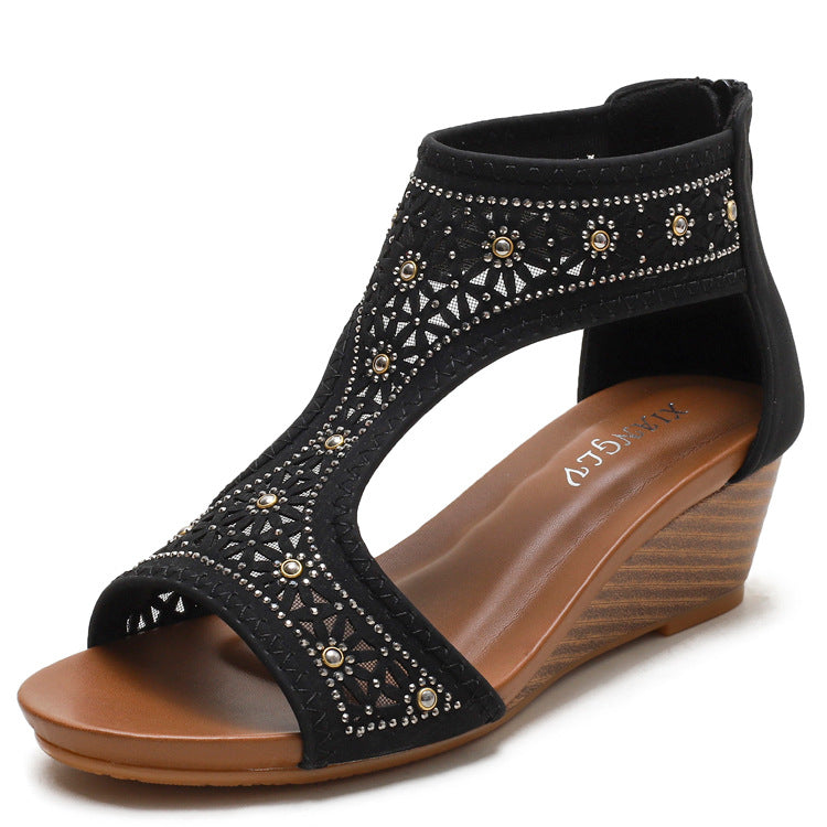 Bohemian Women's Sandals Wedge Mid Heel Mom Shoes Comfortable Wedge Women's Shoes