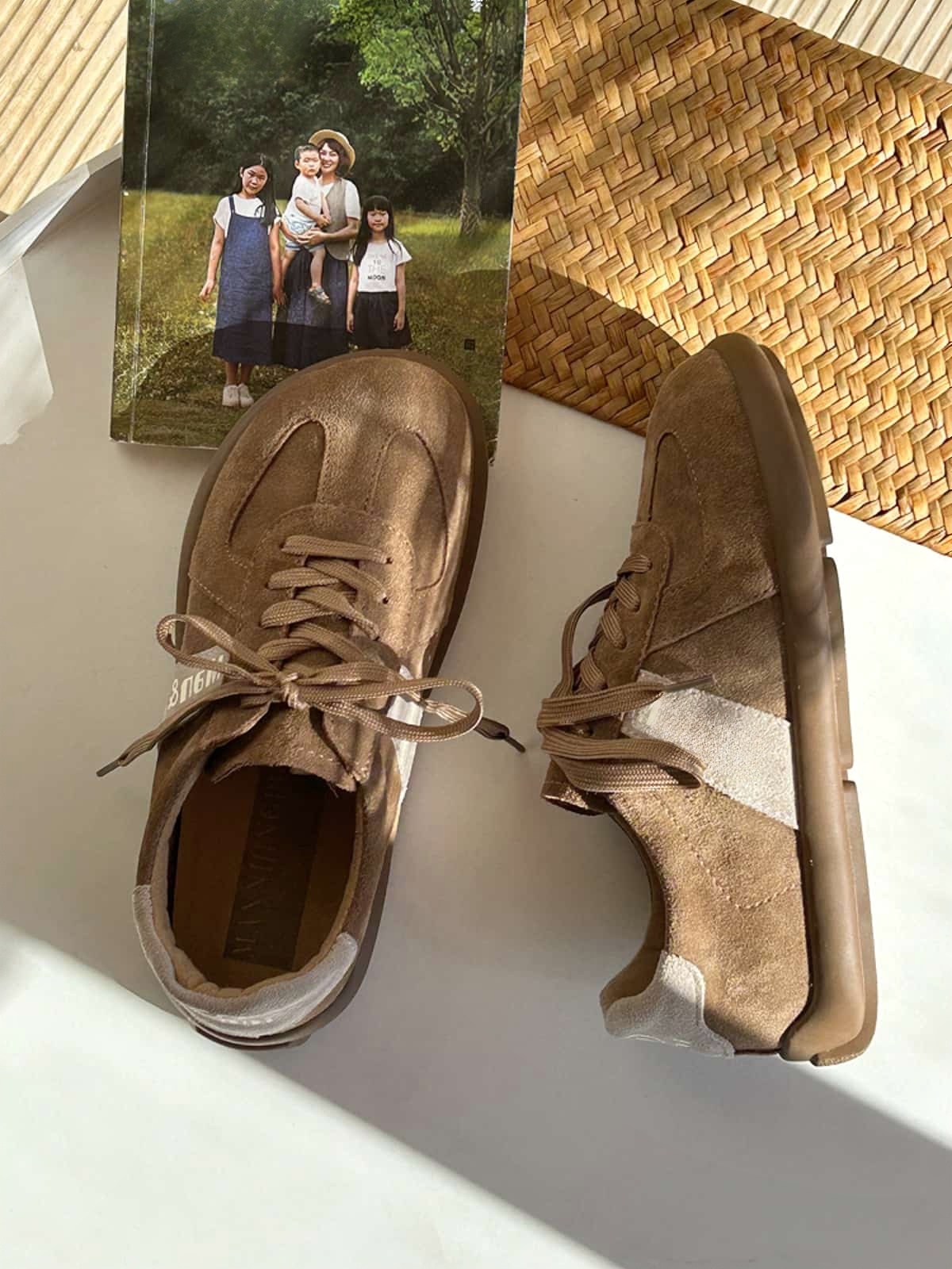 Leather round head strap-up flat-soled German training shoes spring soft-soled comfortable big head shoes