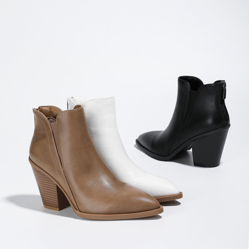 Chunky Heel Martin Boots Winter Slimming Ankle Boots Back Zipper Non-Slip Female Boots