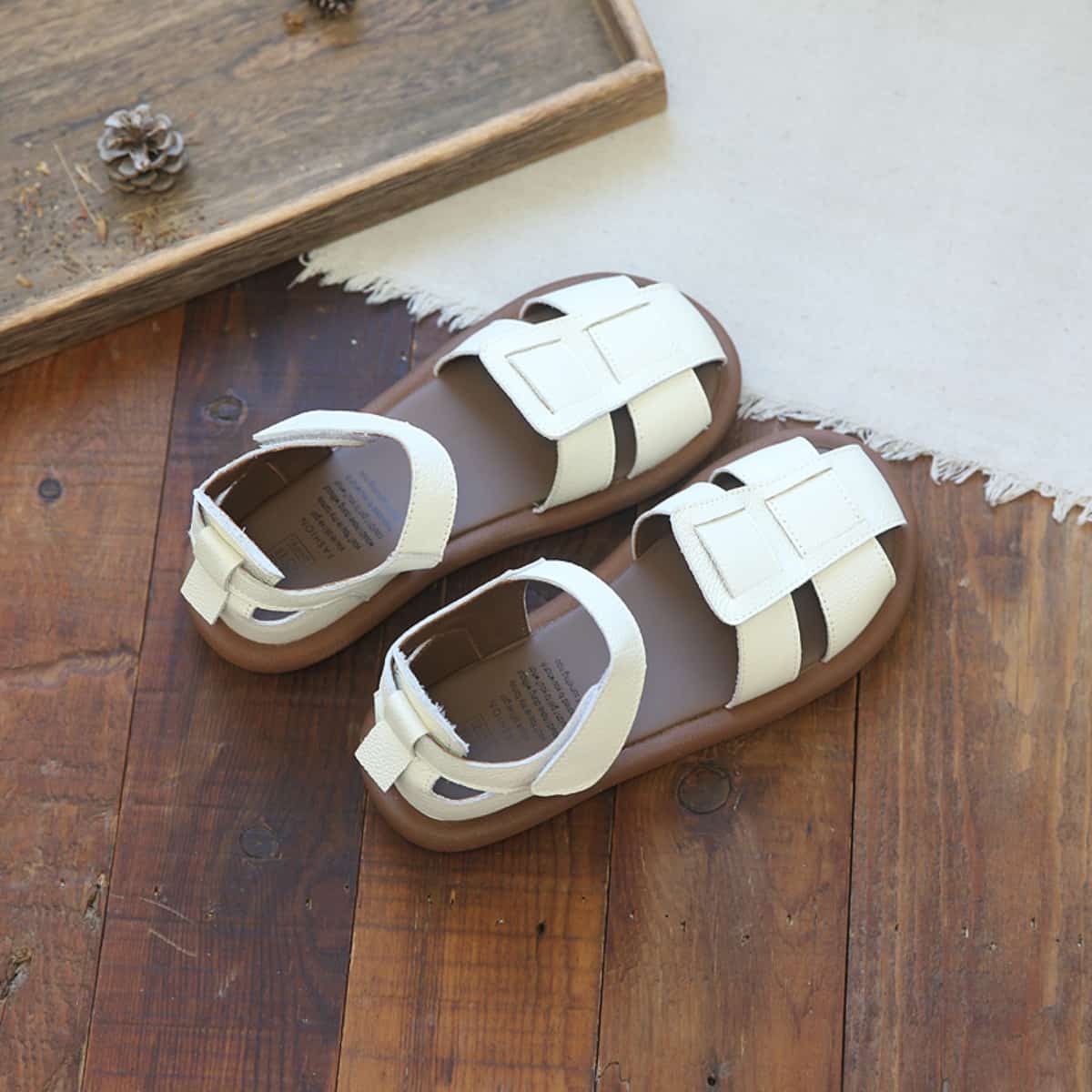 Leather Hollow Baotou Flat Shoes Summer Velcro Breathable Soft Sole Roman Sandals