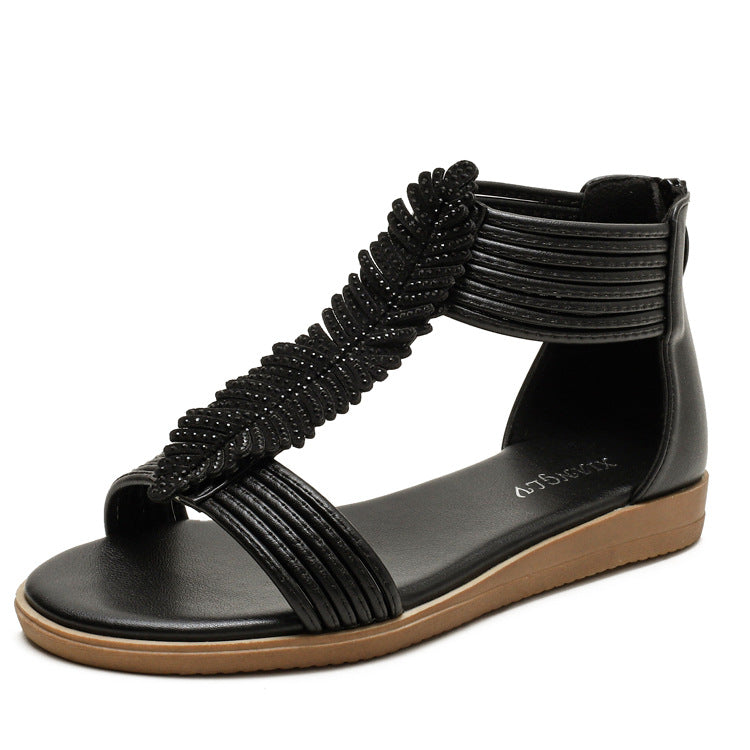 Bohemian Roman Sandals Women's Flat Bottom Comfort Soft Bottom Mid Heel plus Size 40-42 Women's Shoes