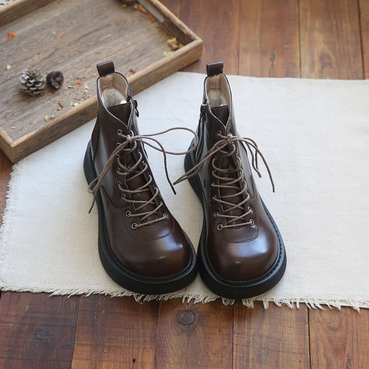 Round head lace-up thick-soled big head shoes velvet versatile short Martin boots children's autumn