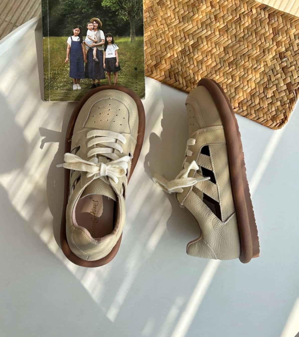 Leather handmade women's shoes summer breathable hollow hole white shoes soft sole cowhide sandals student shoes