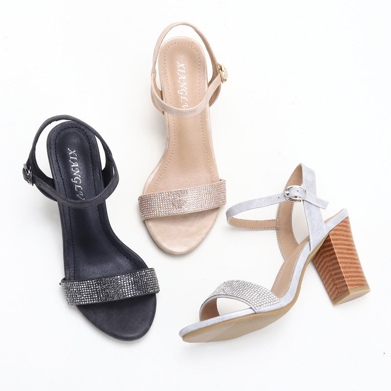 Women's Rhinestone Chunky Heel Shoes with Sandals