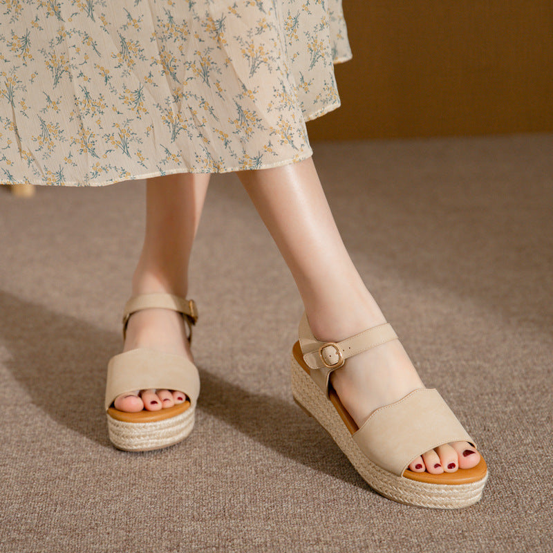 ALM3035-2 Fashion Straw Woven Platform Open Toe Non-Slip Wedge Commuter Sandals for Women