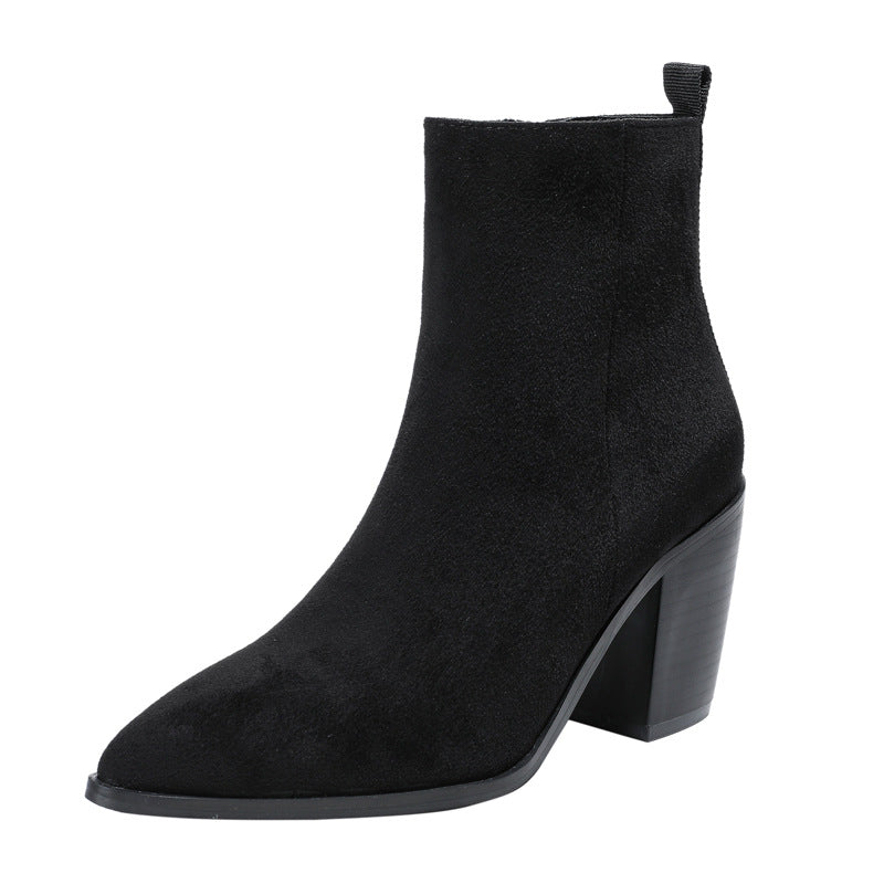 Chunky Heel Martin Boots Women's Slimming Autumn and Winter Suede Side Zipper Thin Short Women's Shoes