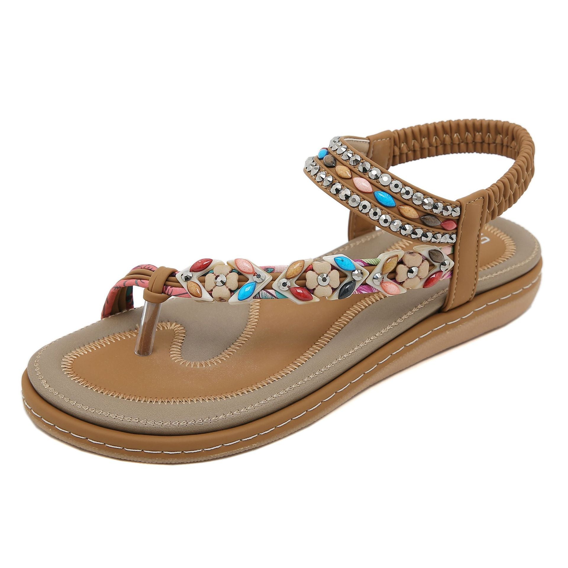 W676-3 Sandals Rhinestone Comfort and Casual Seaside Beach round Toe | Flat Sandals