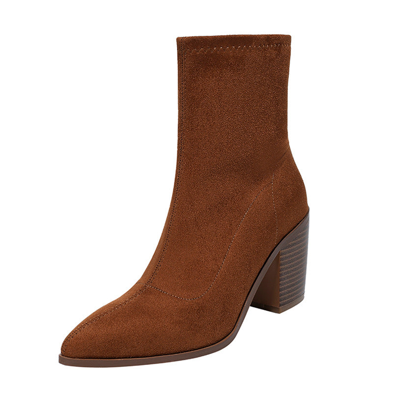 Suede Pointed Toe Chunky Heel Booties Women's Retro Elegant Side Zipper Heel