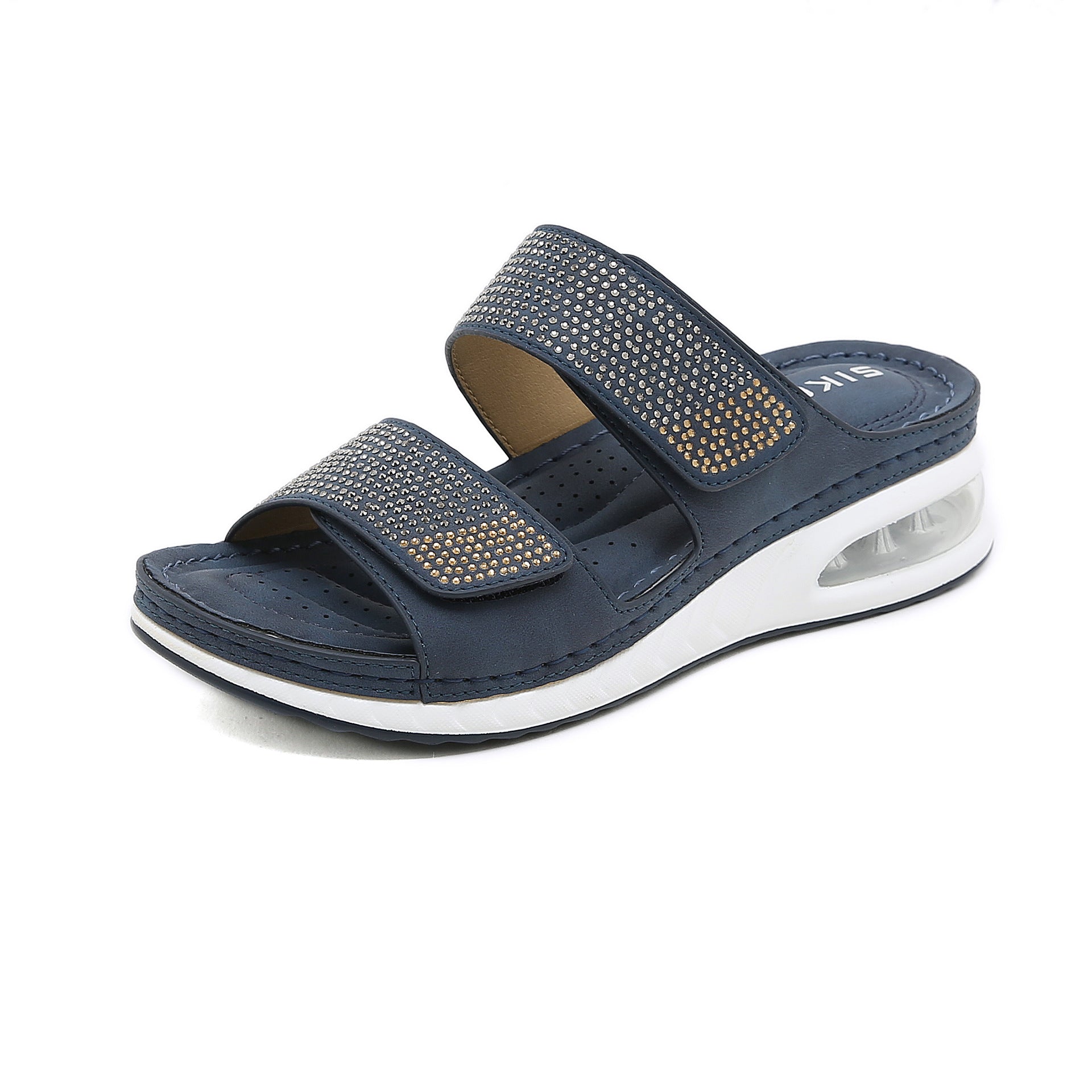 C321-1 Casual Air Cushion Bottom Large Size Sewing Thread Wedge Comfortable Rhinestone Sandals