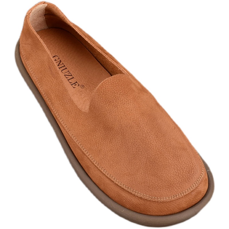 Loafers men's leather soft sole casual big head leather shoes loose round head one pedal lazy shoes breathable