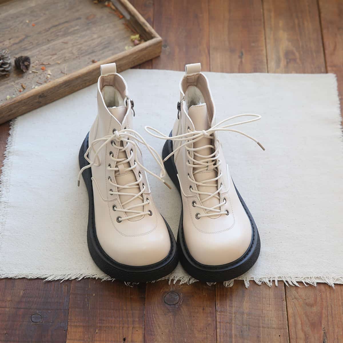Round head lace-up thick-soled big head shoes velvet versatile short Martin boots children's autumn