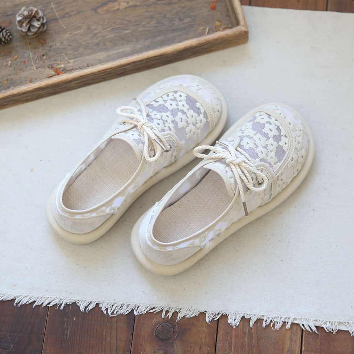 Daisy round head lace-up flats summer cotton and linen handmade soft-soled small mesh shoes single shoes