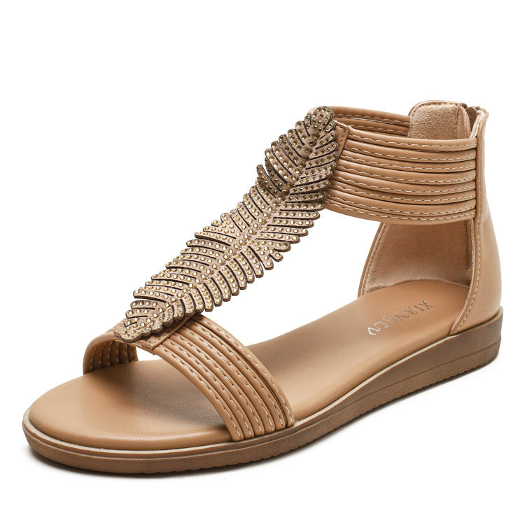 Bohemian Roman Sandals Women's Flat Bottom Comfort Soft Bottom Mid Heel plus Size 40-42 Women's Shoes